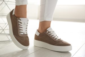 Woman,Wearing,Comfortable,Stylish,Shoes,Indoors,,Closeup